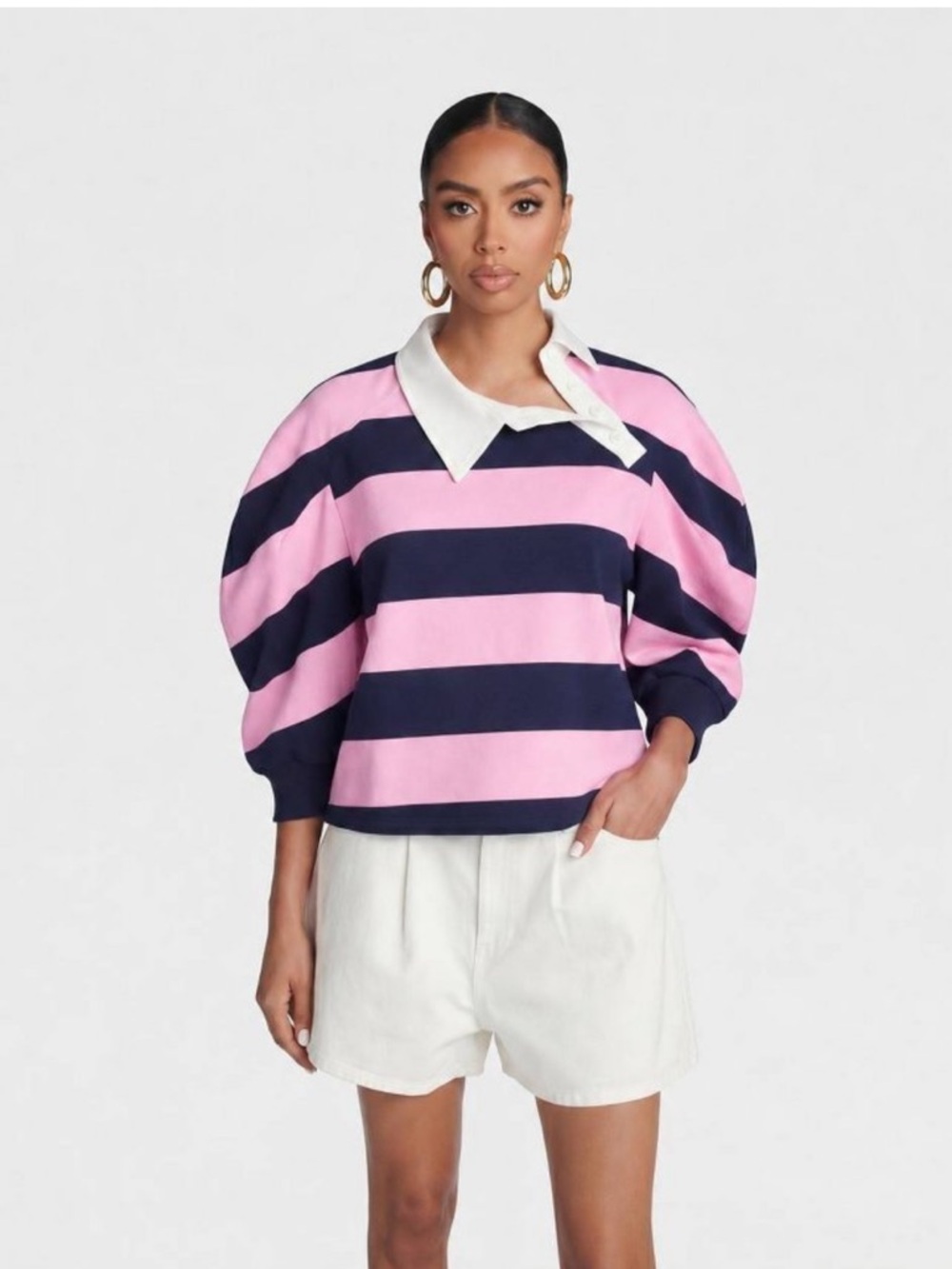 🔥KBB by KAHLANA Women 'The Striped Crewneck T-Shirt' - Pink/Navy Blue & White